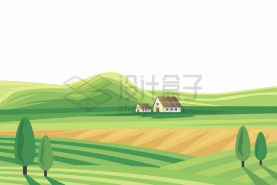 远处的山坡近处的草场草原田野农村乡村风景插画png图片素材