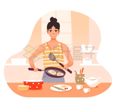 卡通女孩正在煎蛋做早餐插画4019345矢量图片免抠素材