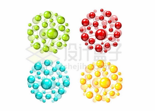 4个彩色3D水晶小球组成的复杂原子结构1735141矢量图片免抠素材