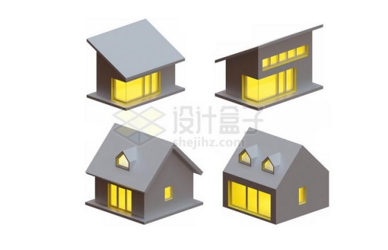 4款亮灯的斜角屋顶艺术建筑物3D模型3870345PSD免抠图片素材