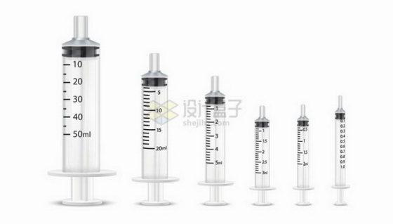 6款不同高度和直径的一次性注射器针筒医疗用品png图片免抠矢量素材