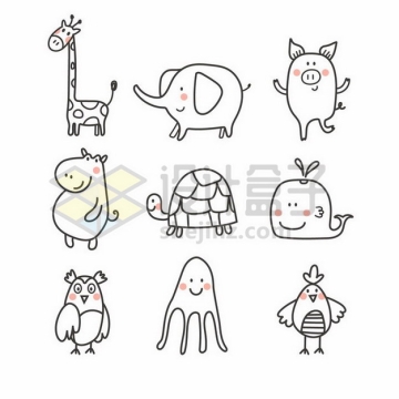 9款超可爱长颈鹿大象小猪河马乌龟鲸鱼猫头鹰章鱼等卡通动物儿童插画png图片素材