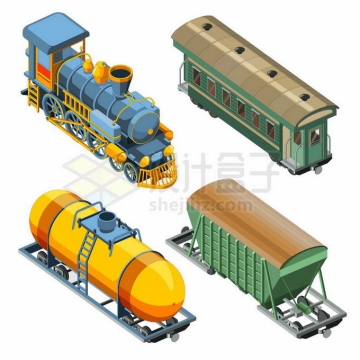 2.5D风格复古火车头列车车厢油罐列车货运列车等9787189矢量图片免抠素材