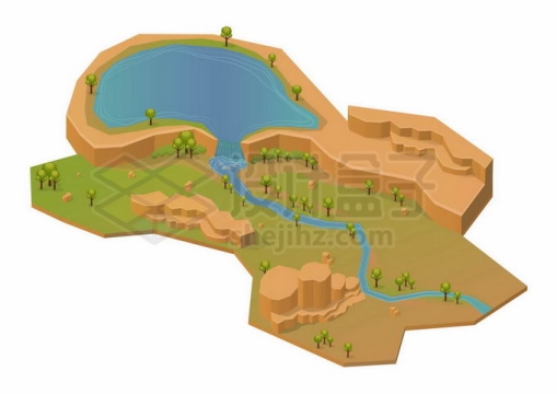 3D风格卡通湖泊河流草原和高原风景2628723矢量图片免抠素材