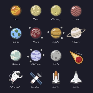 扁平化风格太阳系八大行星和流星宇航员卫星等天文科普图片免抠素材