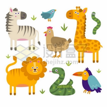 可爱斑马小鸟老母鸡长颈鹿狮子毒蛇等卡通动物儿童插画png图片素材