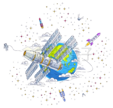 卡通风格围绕地球的宇宙飞船空间站插画1796947矢量图片免抠素材