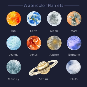 水彩画风格太阳系八大行星天文科普图片免抠素材