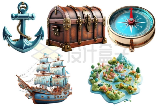 船锚宝物箱指南针帆船和地图加勒比海盗3D模型4985360矢量图片免抠素材