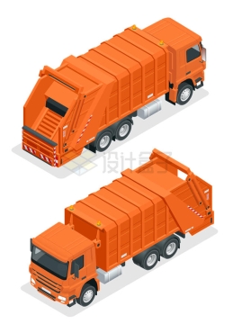 两个不同角度的3D风格橘色垃圾车垃圾转运车9409359矢量图片免抠素材