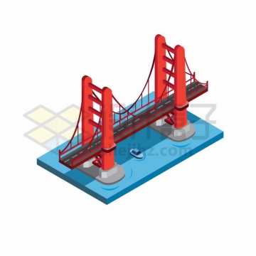蓝色大海上的2.5D风格金门大桥红色悬索桥桥梁png图片素材
