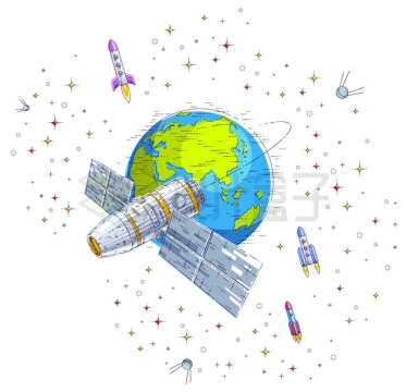 卡通风格围绕地球的宇宙飞船空间站插画2344387矢量图片免抠素材