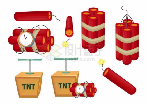 各种红色卡通炸药定时炸弹和木箱中的复古TNT炸药7041711矢量图片免抠素材