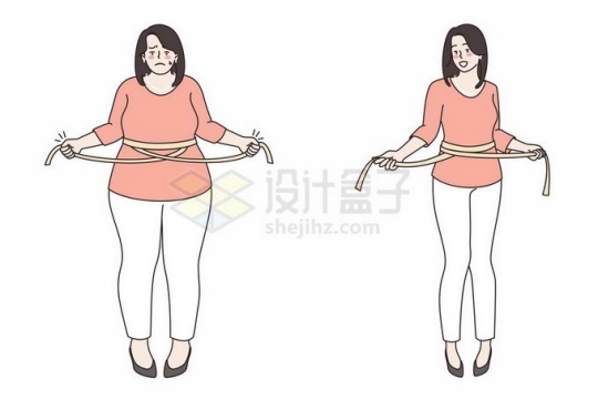 卡通胖女孩和瘦女孩用皮尺量腰围减肥对比图4681699矢量图片免抠素材