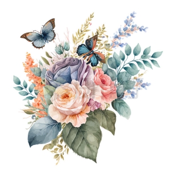 水彩画风格花朵上的蝴蝶插画5593295矢量图片免抠素材