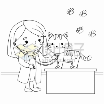 宠物医生检查猫咪身体健康手绘线条插画png图片素材