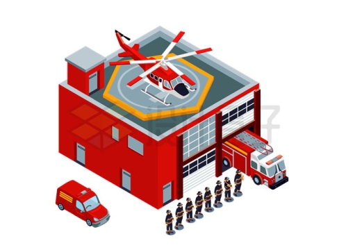 2.5D风格消防局房子消防车消防直升机和排队的消防员2945244矢量图片免抠素材