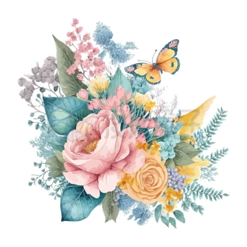 水彩画风格蝴蝶和盛开的花朵插画9415366矢量图片免抠素材