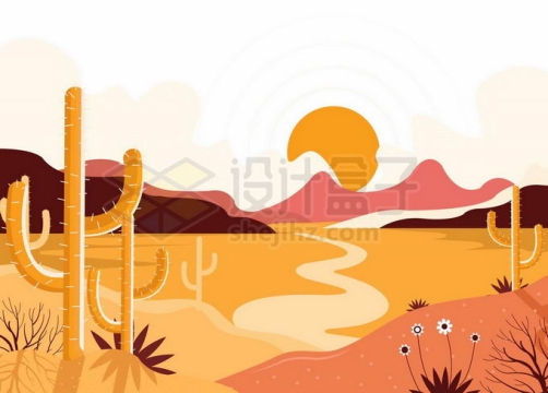 扁平化风格夕阳下的西部世界风景插画7367974矢量图片免抠素材