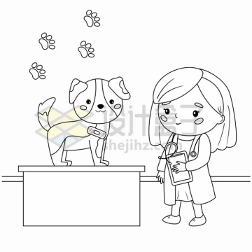 宠物医生检查狗狗身体健康手绘线条插画png图片素材