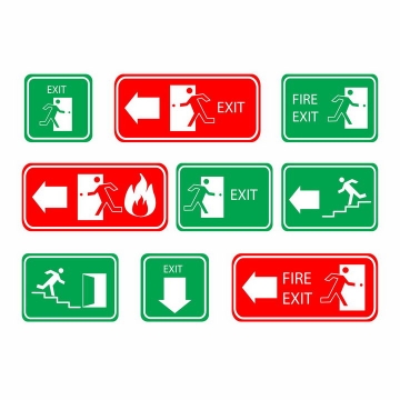 各种火灾红色绿色安全逃生出口标志指示牌png图片免抠矢量素材
