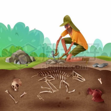 卡通考古学家正在挖掘地下埋藏的古生物化石9259956矢量图片免抠素材