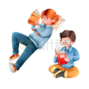 盘腿坐着和躺着看书的卡通男孩水彩画4731803矢量图片免抠素材