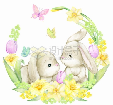 黄色紫色花环包围着的卡通小兔子水彩画彩绘png图片免抠矢量素材