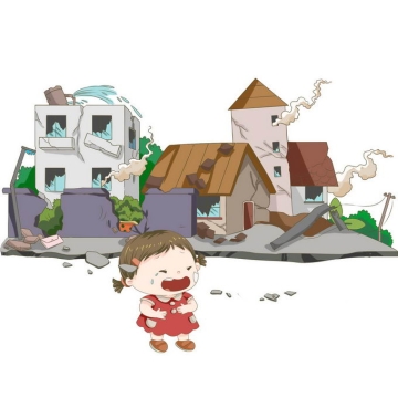 地震造成房屋倒塌哭泣的卡通小女孩手绘插画7402858矢量图片免抠素材免费下载