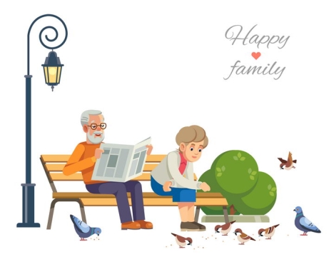 卡通插图风格坐在公园长椅上看报的老爷爷和喂鸽子的老奶奶免抠矢量图素材