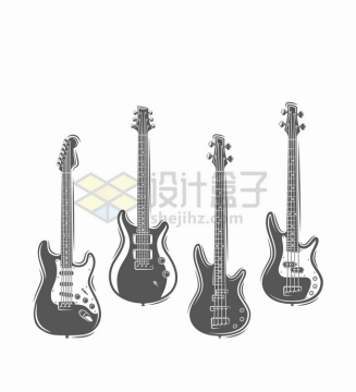 4款黑白色的电吉他音乐乐器png图片素材