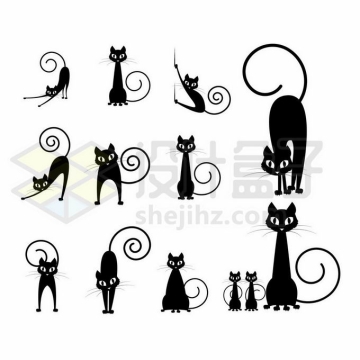 各种尾巴卷曲的卡通猫咪黑猫插画7943449矢量图片免抠素材