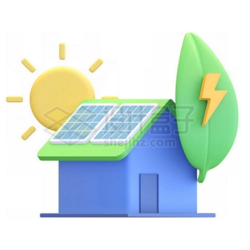 卡通小房子和屋顶的太阳能电池板以及绿叶象征了清洁能源3D模型9366962PSD免抠图片素材