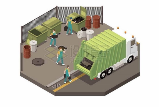 2.5D风格垃圾车和环卫工人正在搬运垃圾3904962矢量图片免抠素材