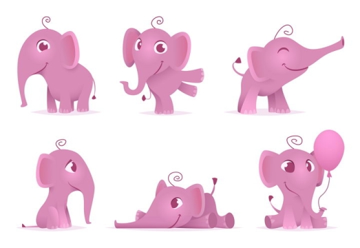 6个可爱的卡通粉色小象图片免抠矢量素材