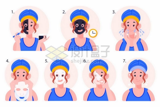  Cartoon girl is applying mask, washing face, skin care flow chart, illustration 2823497, vector picture, free of cutting material