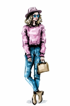 戴着草帽和粉色上衣蓝色牛仔裤的时尚长腿美女手绘插画9416424图片免抠素材
