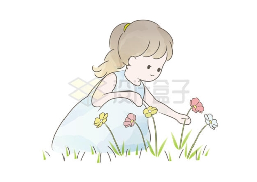 卡通小女孩蹲在地上采花儿童插画7258075矢量图片免抠素材