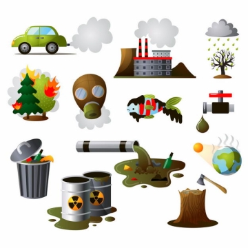 各种冒着尾气的汽车工厂酸雨或者空气污染水污染砍伐森林等环境被破坏2313954矢量图片免抠素材