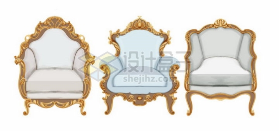 三款镶着金边的复古风格沙发椅png图片免抠矢量素材