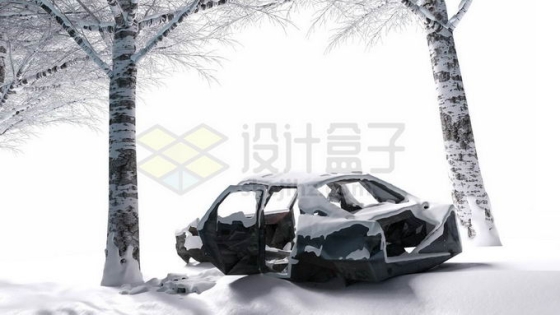 冬天大雪过后的大树林和报废汽车积雪风景7879354免抠图片素材