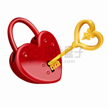 金色钥匙打开红色心形锁象征了情人节爱情的忠贞不二png图片免抠矢量素材