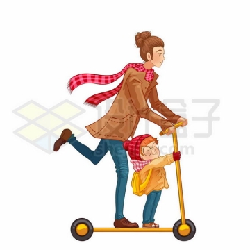 卡通妈妈和女儿一起玩滑板车母亲节插画8477060矢量图片免抠素材