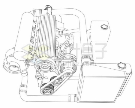 一台汽车发动机带涡轮增压线条蓝图3499616矢量图片免抠素材