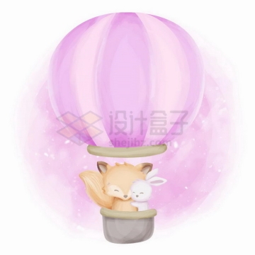 热气球中的超可爱卡通小狐狸和小兔子png图片免抠矢量素材