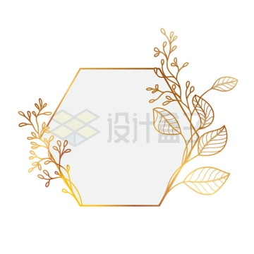 金色线条树叶树枝装饰的六边形文本框信息框6217825矢量图片免抠素材
