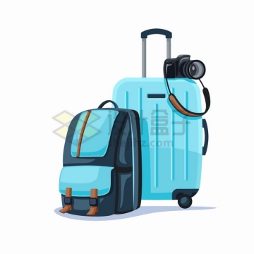 蓝色双肩背包和旅行箱包和照相机旅游用品png图片素材