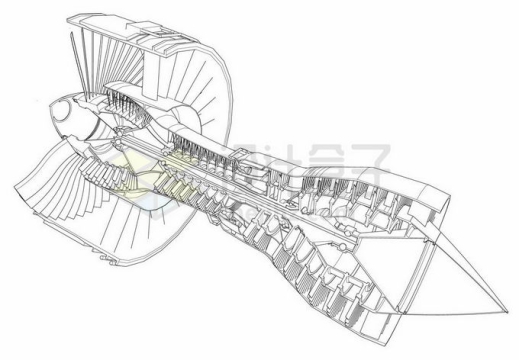 一台涡扇喷气发动机大型客机发动机内部结构线条蓝图1520116矢量图片免抠素材