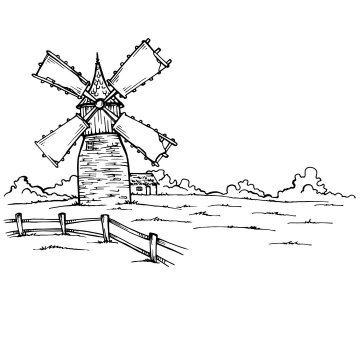 黑色线条手绘风格乡村里的大风车风景简笔画图片免抠矢量素材