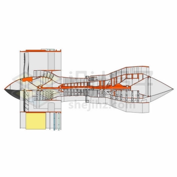 一台涡扇喷气发动机大型客机发动机内部结构解剖蓝图2414898矢量图片免抠素材